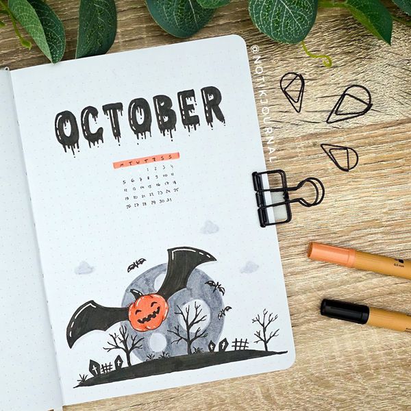 Flying Pumpkin Bat - Bullet Journal Cover Pages Ideas for October