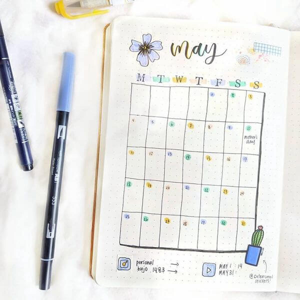 Floral Highlights Bullet Journal Calendar Spread Ideas for May