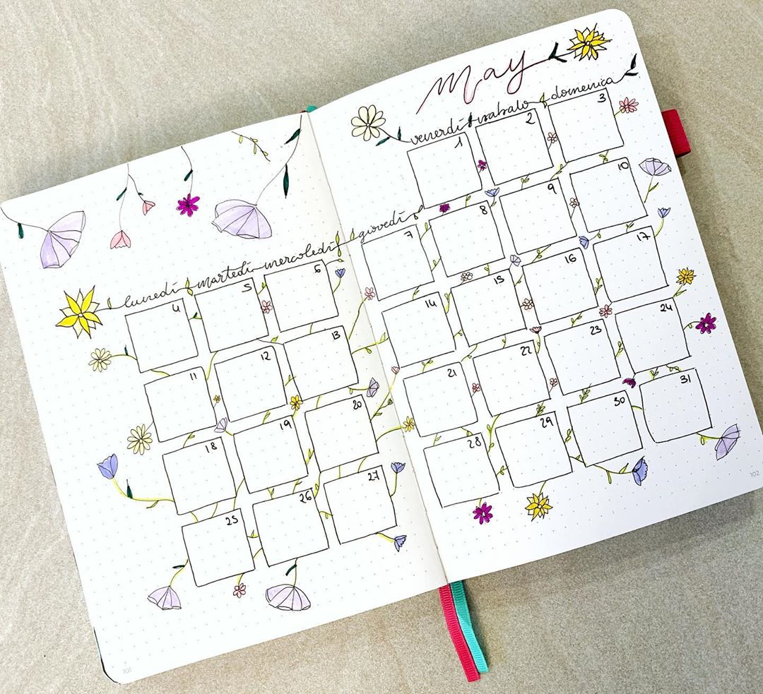 Flower Sketches Bullet Journal Calendar Spread Ideas for May