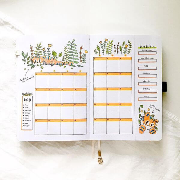 Jungle Tiger Bullet Journal Calendar Spread Ideas for May