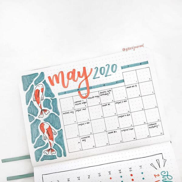 Koi Fish Bullet Journal Calendar Spread Ideas for May