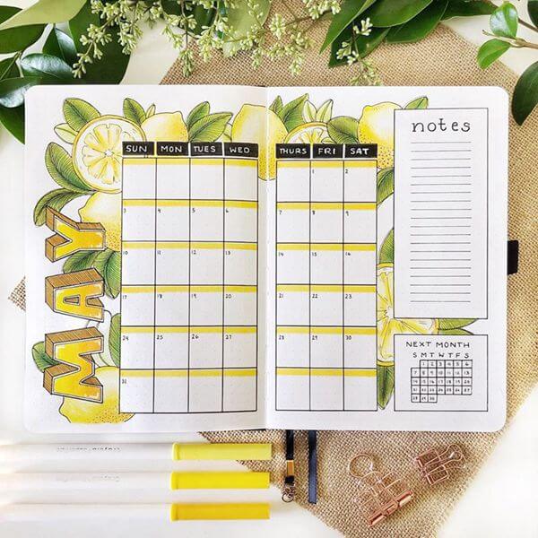 Lemons Bullet Journal Calendar Spread Ideas for May