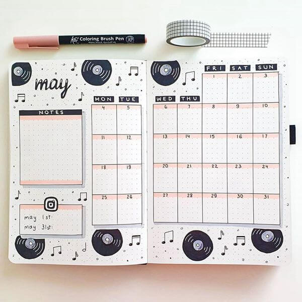 Old School Records Bullet Journal Calendar Spread Ideas for May