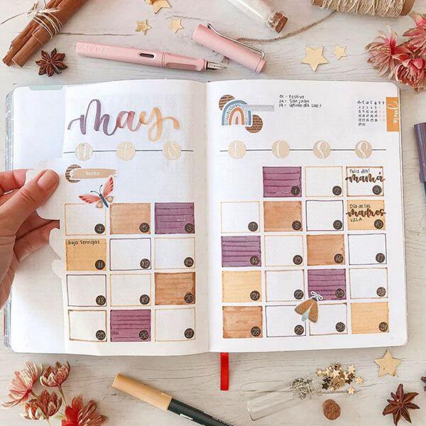 Peach and Purple Gradient Bullet Journal Calendar Spread Ideas for May