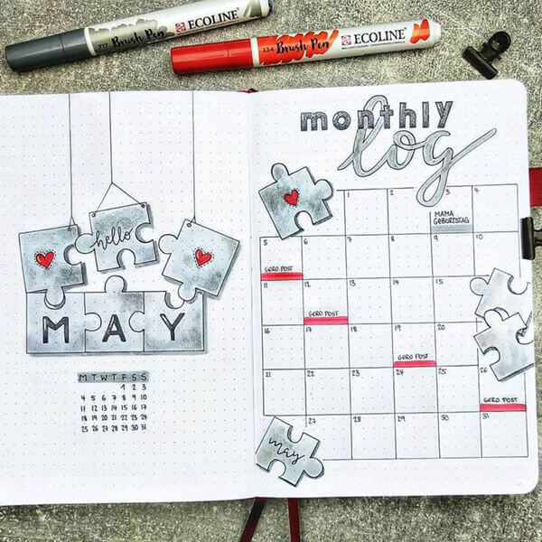 Puzzled Bullet Journal Calendar Spread Ideas for May