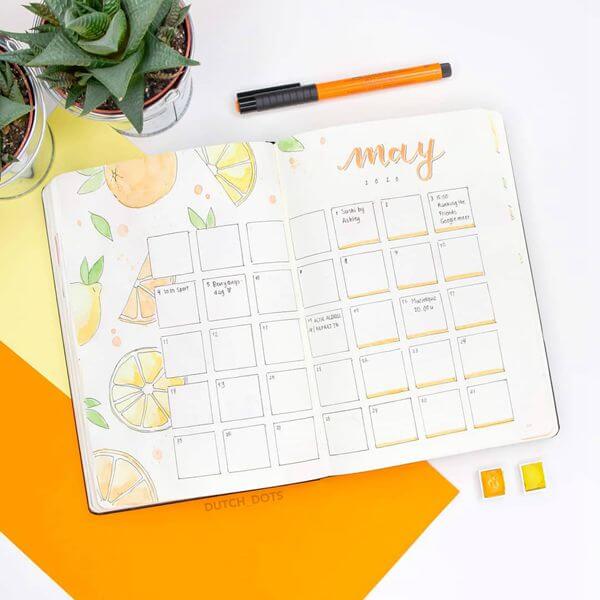 Watercolor Citrus Bullet Journal Calendar Spread Ideas for May