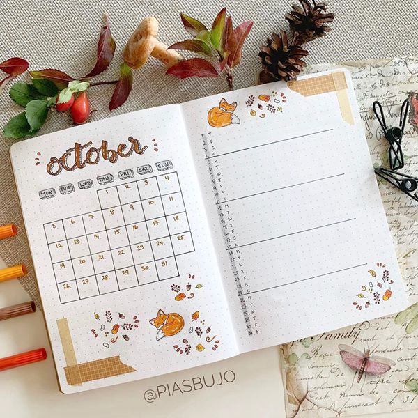 Sleepy Foxy - Bullet Journal Monthly Calendar Spread Ideas for October