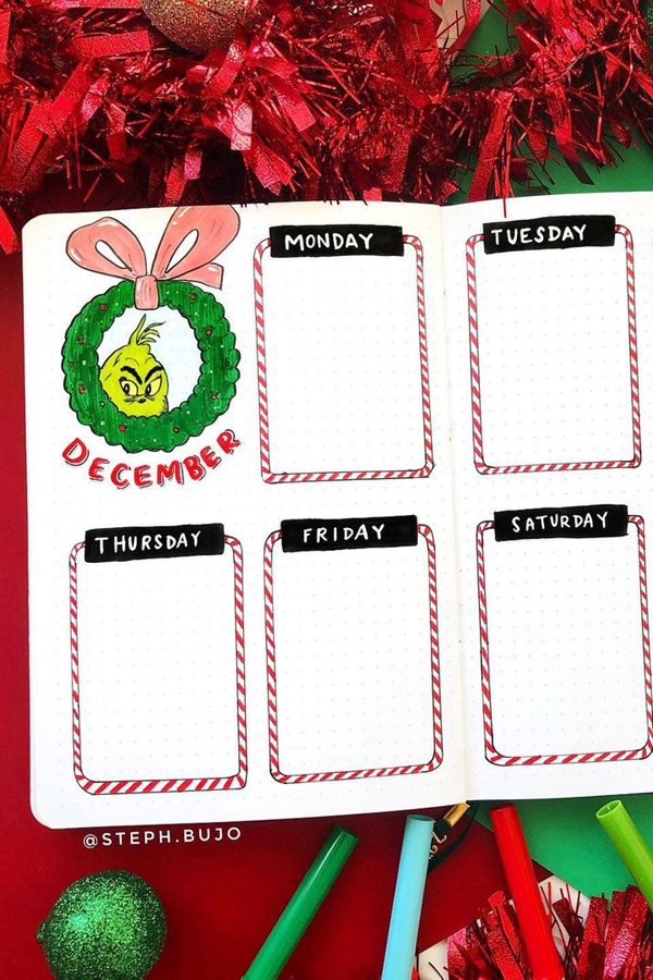 Candy Cane Boxes Bujo Daily Boxes - December Bullet Journal Ideas - Weekly Spread for December