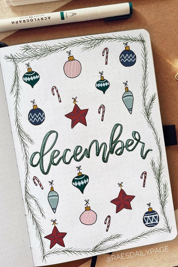 Christmas Ornaments Cover Spread - December Bullet Journal Ideas - Cover Page for December