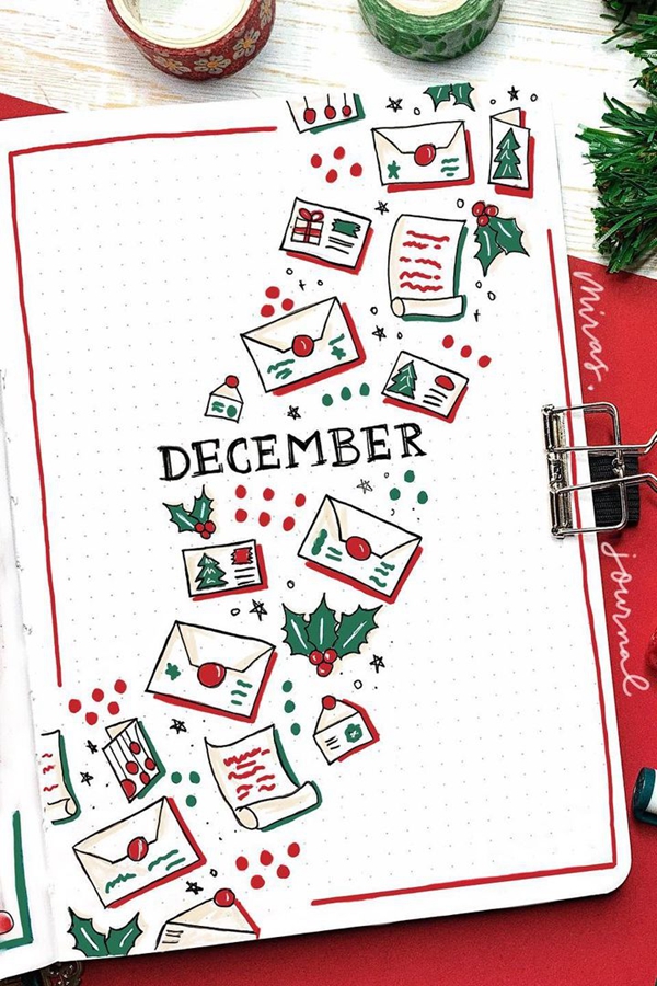 Christmas Tree Holiday Card Bujo Doodle Idea - December Bullet Journal Ideas - Cover Page for December