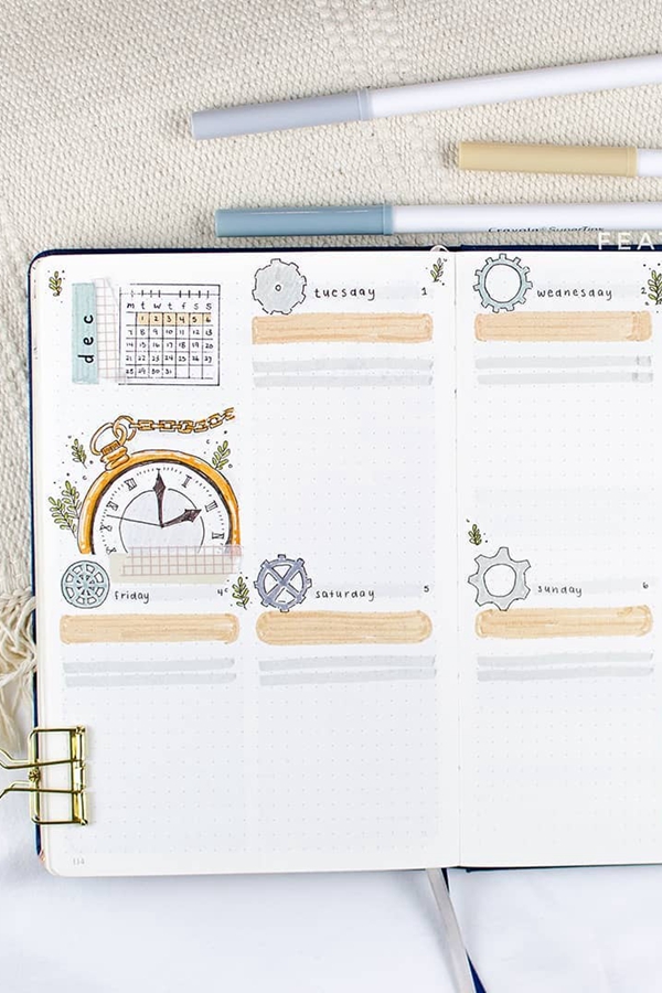 Clock Themes Bujo Spread - December Bullet Journal Ideas - Weekly Spread for December