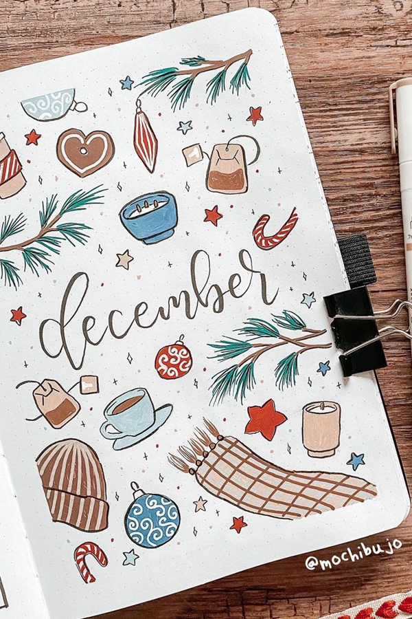 Cool-Tone Doodles December Cover Doodle Ideas - December Bullet Journal Ideas - Cover Page for December