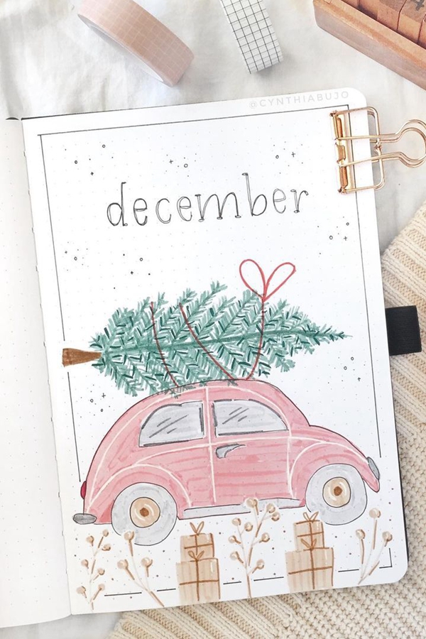 Cute Cars and Christmas Trees - December Bullet Journal Ideas - Cover Page for December