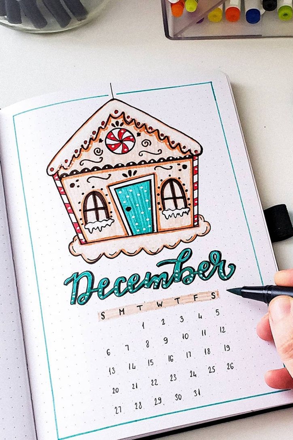 December Gingerbread House - December Bullet Journal Ideas - Cover Page for December