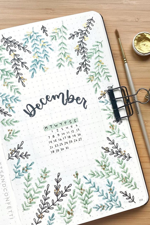 Gold Accents and Foilage - December Bullet Journal Ideas - Cover Page for December