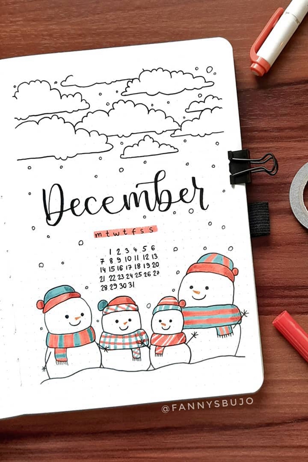 Happy Snowman Family - December Bullet Journal Ideas - Cover Page for December