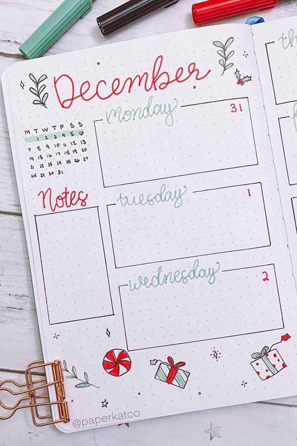 Have a Notes Sidebar and December Calendar at a Glance - December Bullet Journal Ideas - Weekly Spread for December