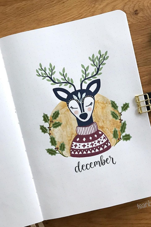 Reindeer in a Sweater - December Bullet Journal Ideas - Cover Page for December