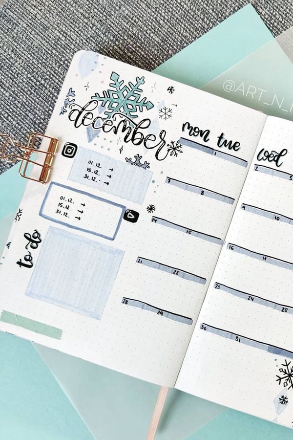 Shadow Lettering & Icy Grey Spread - December Bullet Journal Ideas - Monthly Pages for December