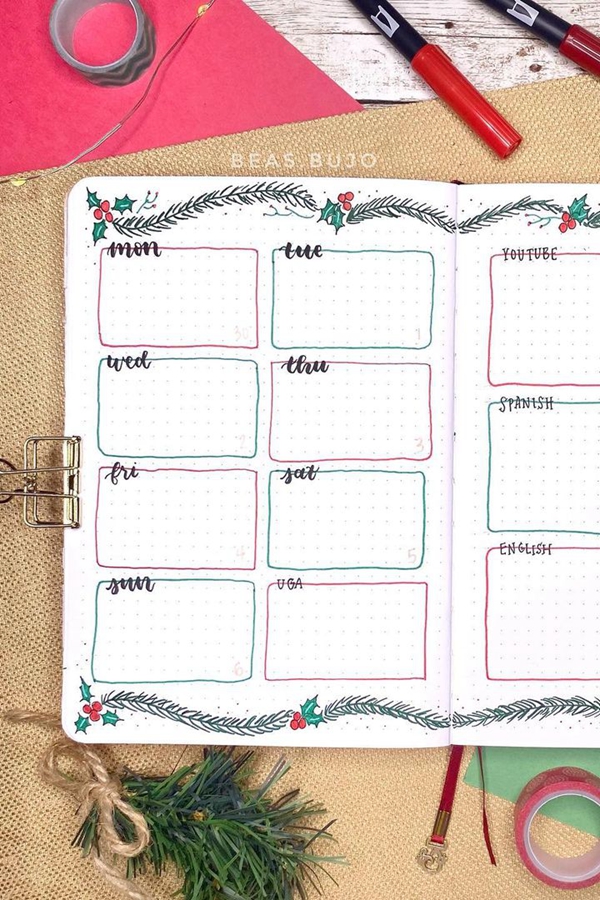 Themed Task Boxes For Bujo Organizing - December Bullet Journal Ideas - Weekly Spread for December