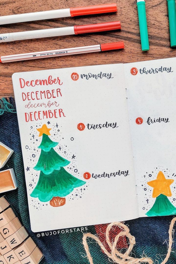 Use Festive Doodles to Break Up the Pages - December Bullet Journal Ideas - Weekly Spread for December