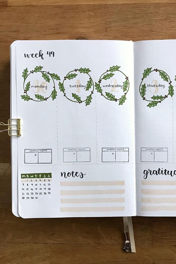 Weather Report, Holly Wreaths, Oh My! - December Bullet Journal Ideas - Weekly Spread for December