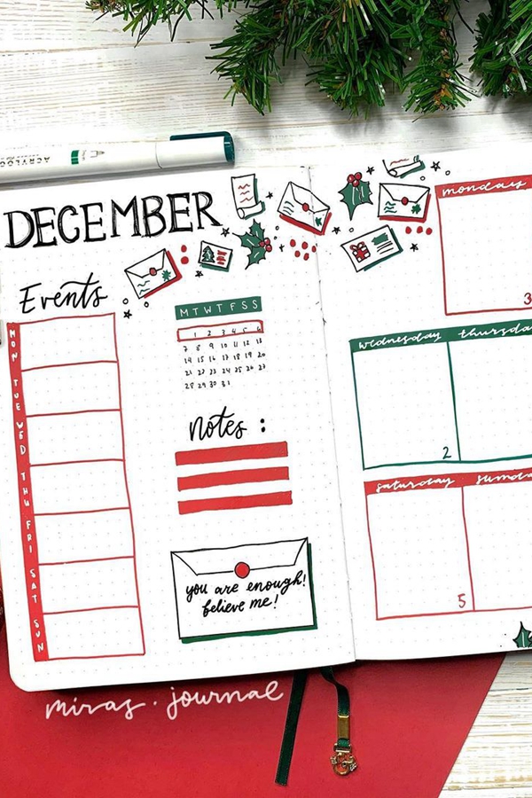 White Lettering on Green and Red - December Bullet Journal Ideas - Weekly Spread for December